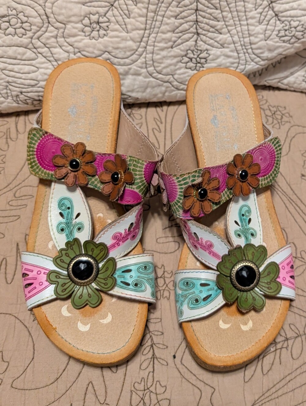 L'Artiste By Spring Step Women’s Floral Embroidered Slide Sandals - Pink & Teal
